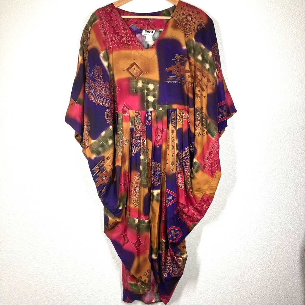 Vintage Caftan Vneck One Size Retro 90s Pattern Made in USA Cape Multicolored